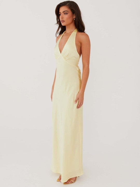 Women’s Satin Maxi Dress with V-Neck and Crisscross Back