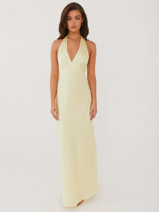 Women’s Satin Maxi Dress with V-Neck and Crisscross Back