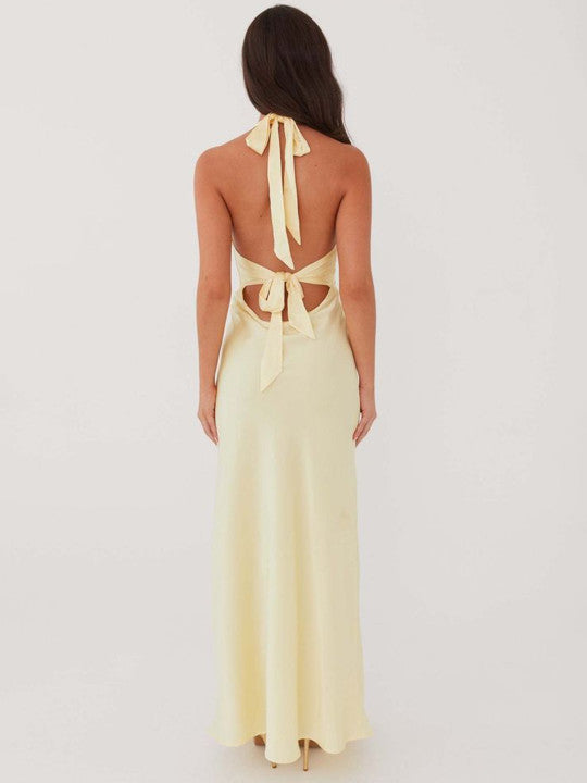 Women’s Satin Maxi Dress with V-Neck and Crisscross Back