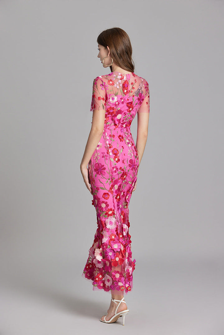 Women’s Short Sleeve Sheer Dress with Floral Embroidery
