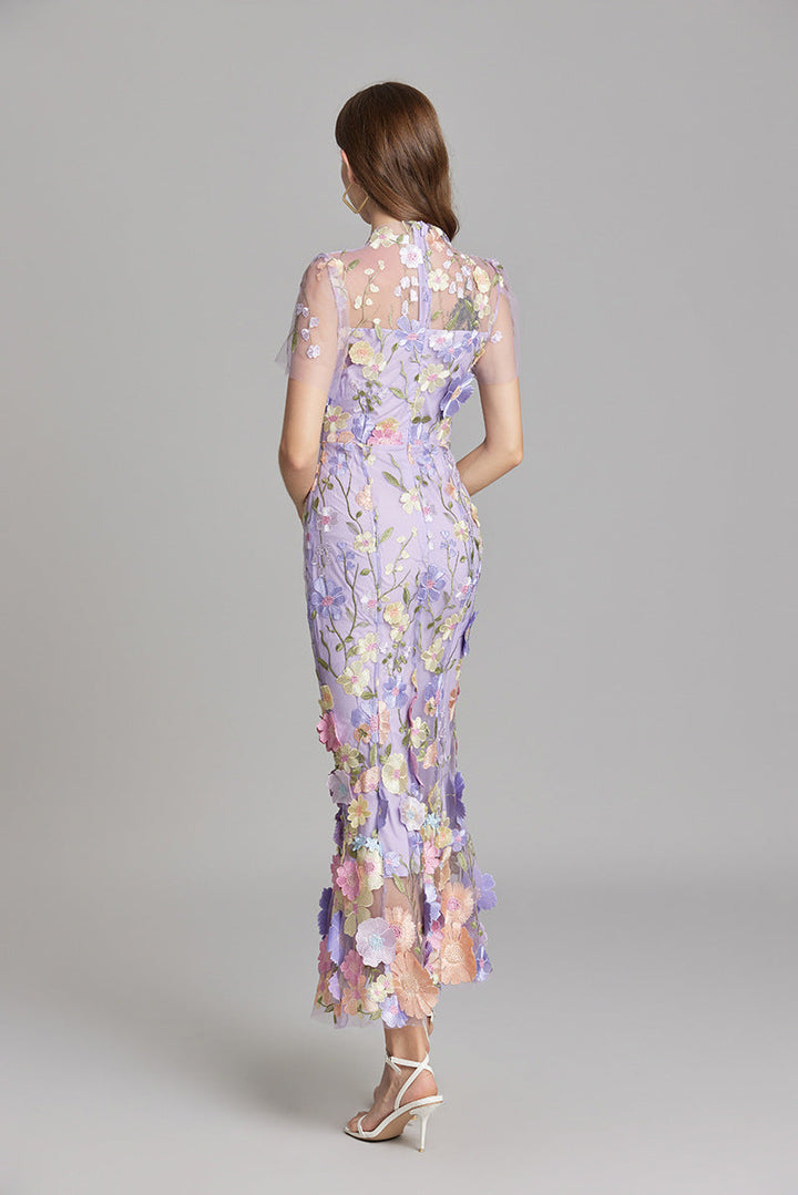 Women’s Short Sleeve Sheer Dress with Floral Embroidery