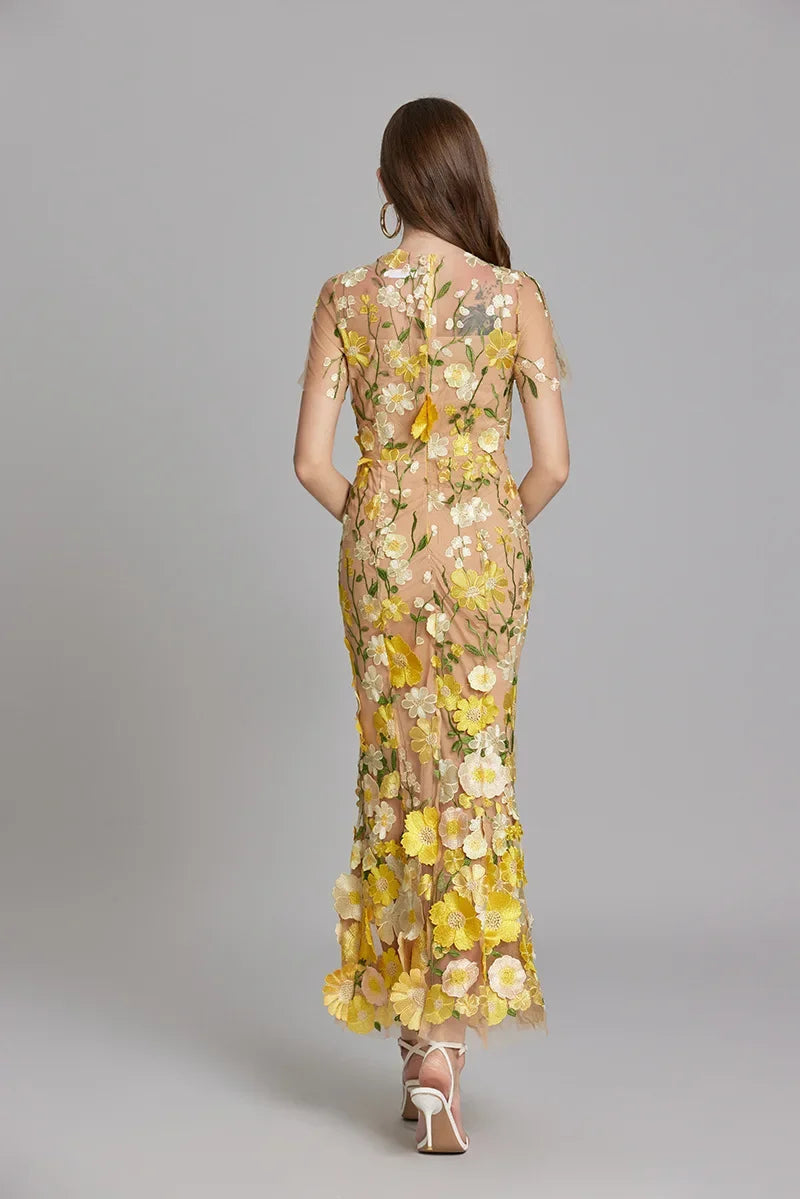 Women’s Short Sleeve Sheer Dress with Floral Embroidery