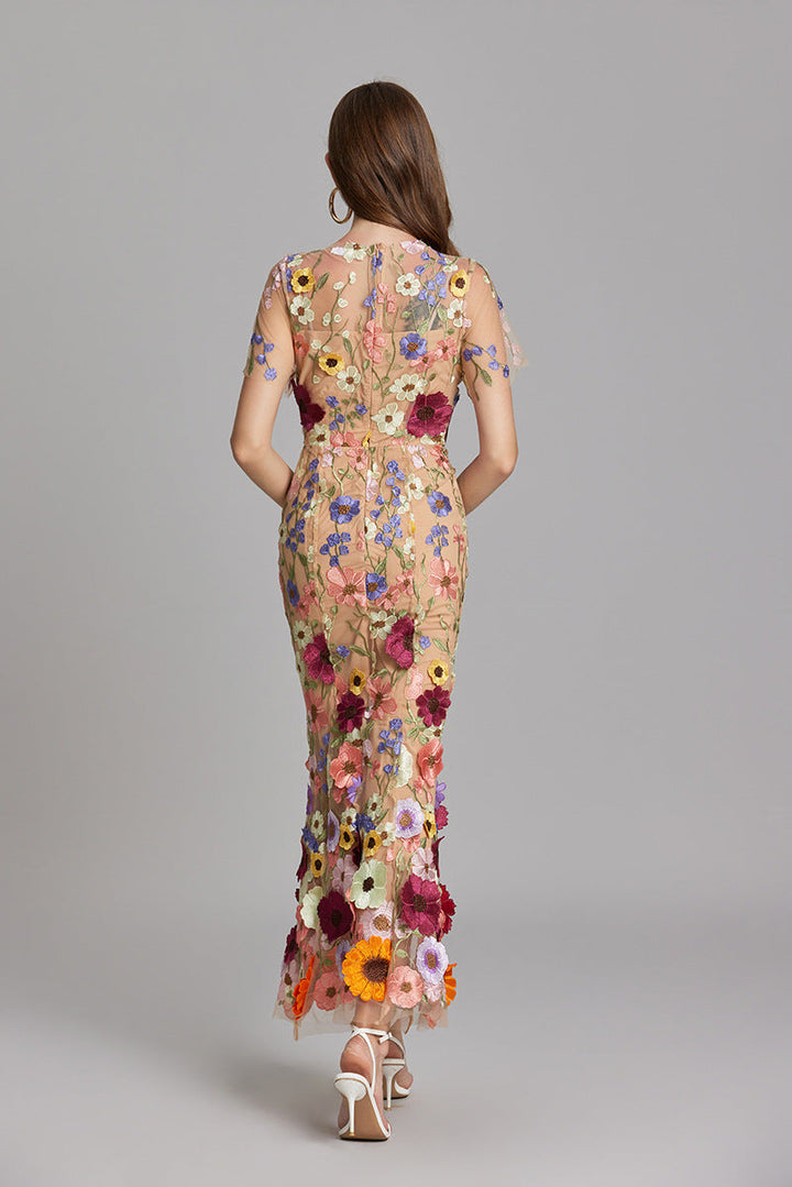 Women’s Short Sleeve Sheer Dress with Floral Embroidery