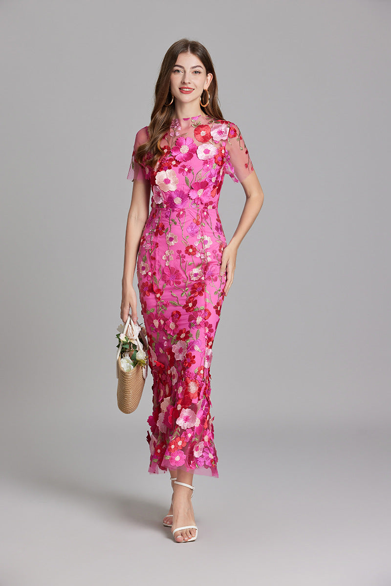 Women’s Short Sleeve Sheer Dress with Floral Embroidery