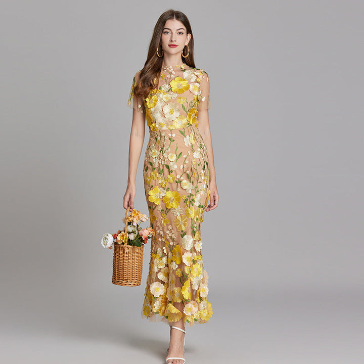 Women’s Short Sleeve Sheer Dress with Floral Embroidery
