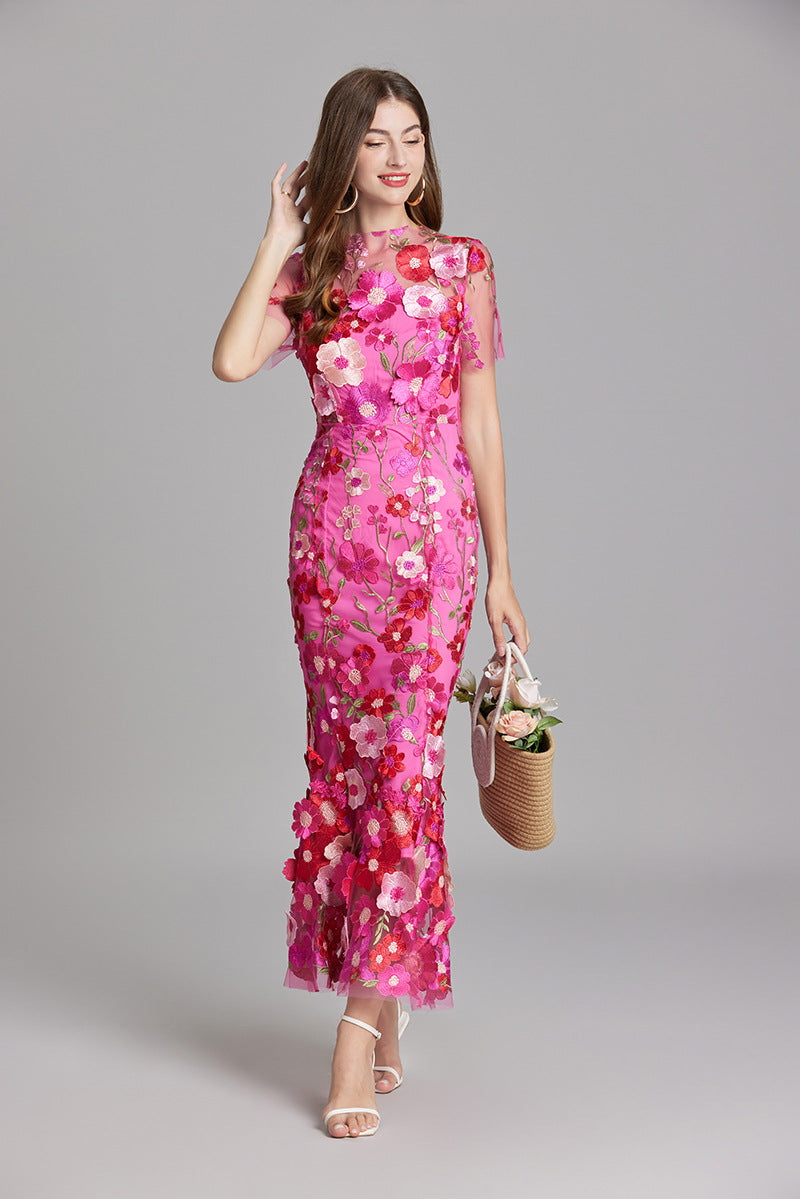 Women’s Short Sleeve Sheer Dress with Floral Embroidery