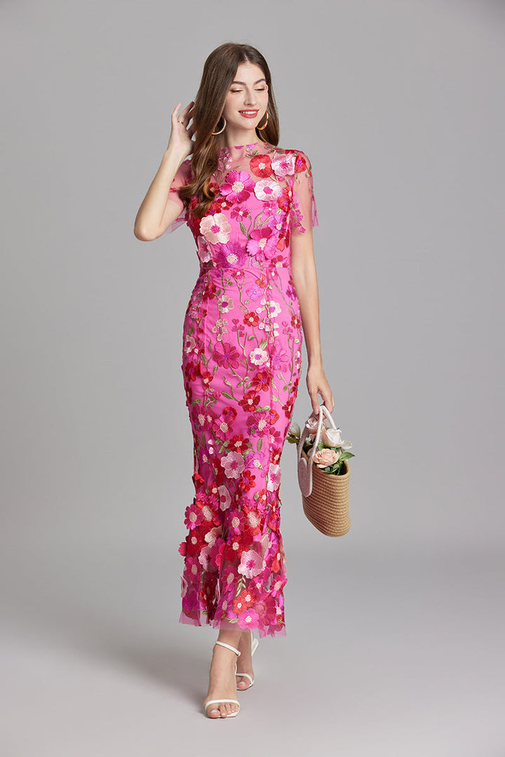 Women’s Short Sleeve Sheer Dress with Floral Embroidery