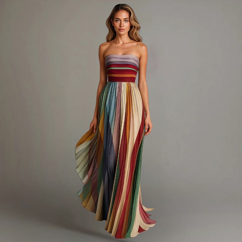 Women’s Strapless Maxi Dress with Pleated Skirt and Waistband