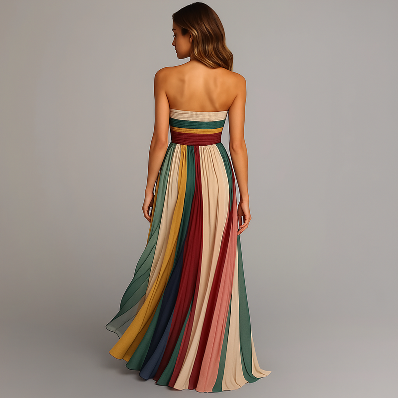Women’s Strapless Maxi Dress with Pleated Skirt and Waistband
