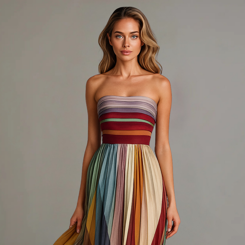 Women’s Strapless Maxi Dress with Pleated Skirt and Waistband
