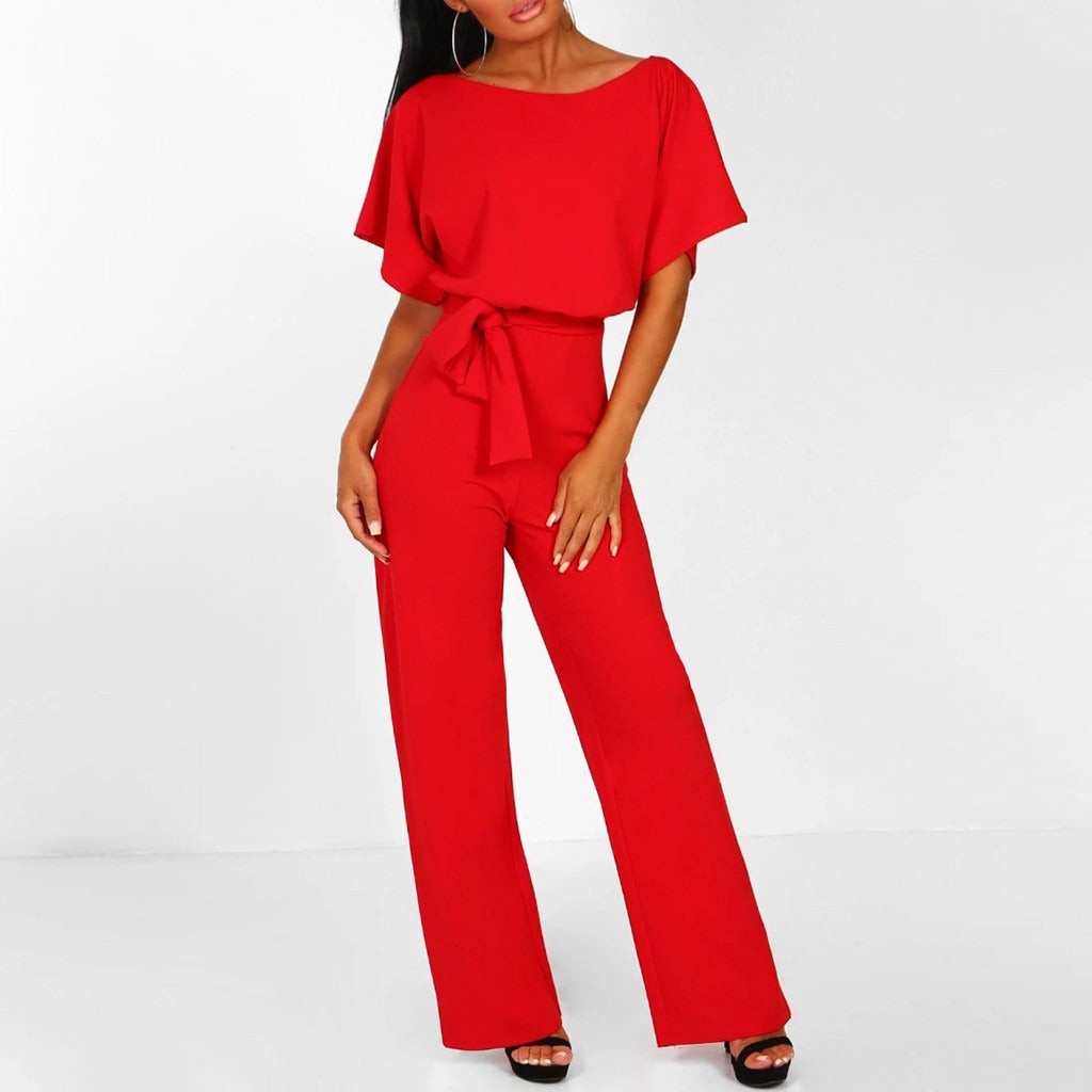 Women’s Summer Jumpsuit with Boat Neck and Waist Belt