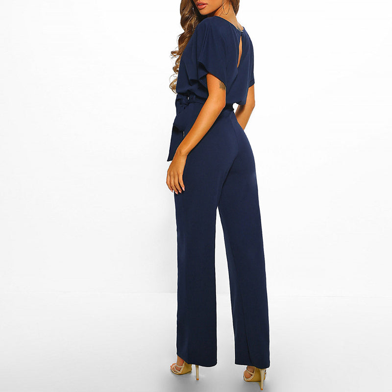 Women’s Summer Jumpsuit with Boat Neck and Waist Belt