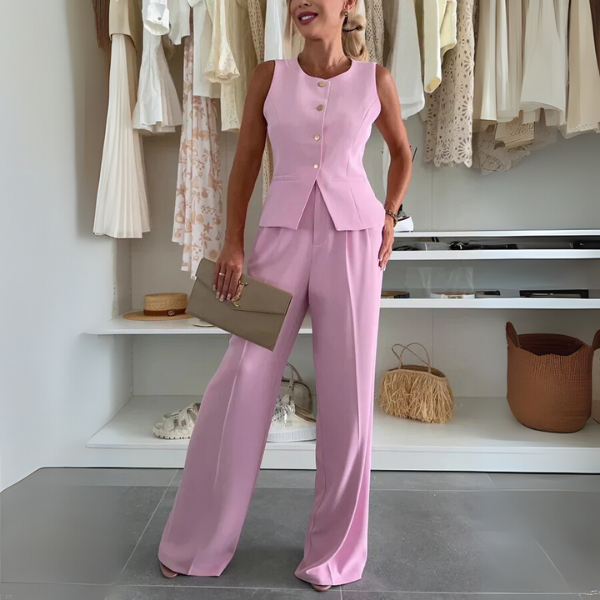 Women’s Two-Piece Set with Button Front Top and Full-Length Pants