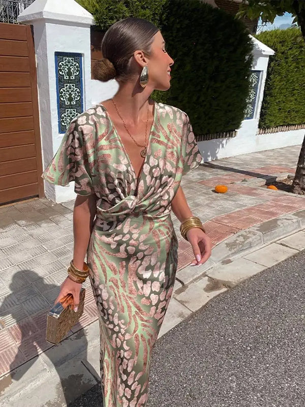 Women’s Wrap Dress with V-Neckline and Short Sleeves